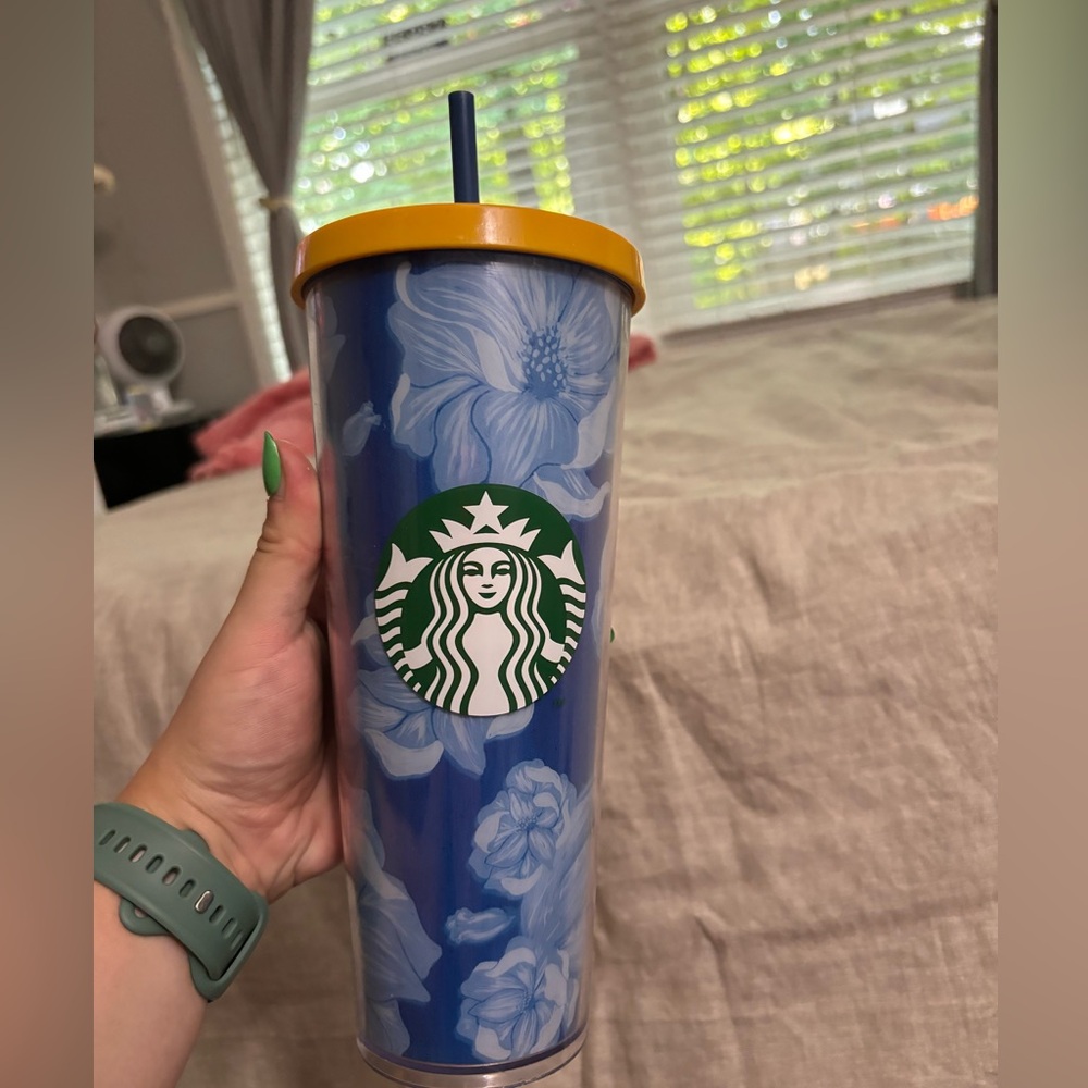 Starbucks 24 oz Tumbler Blue and White Floral Cactus